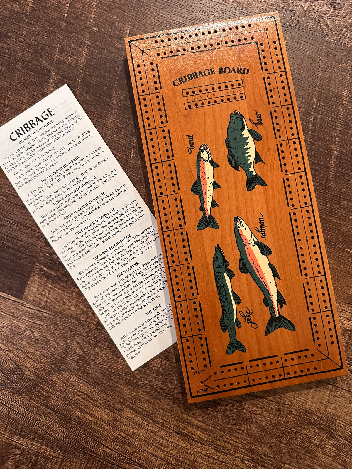 Vintage Wooden Cribbage Board - Freshwater Fish