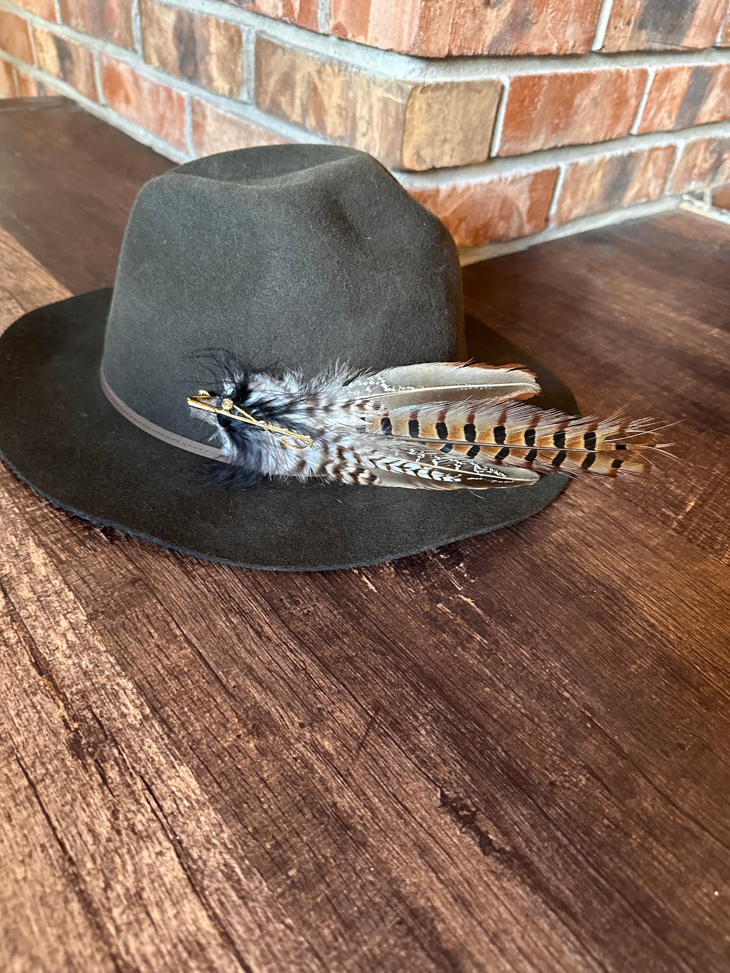 Hand Crafted Game Feathers Hat Pin with Gold Fly Rod Accent