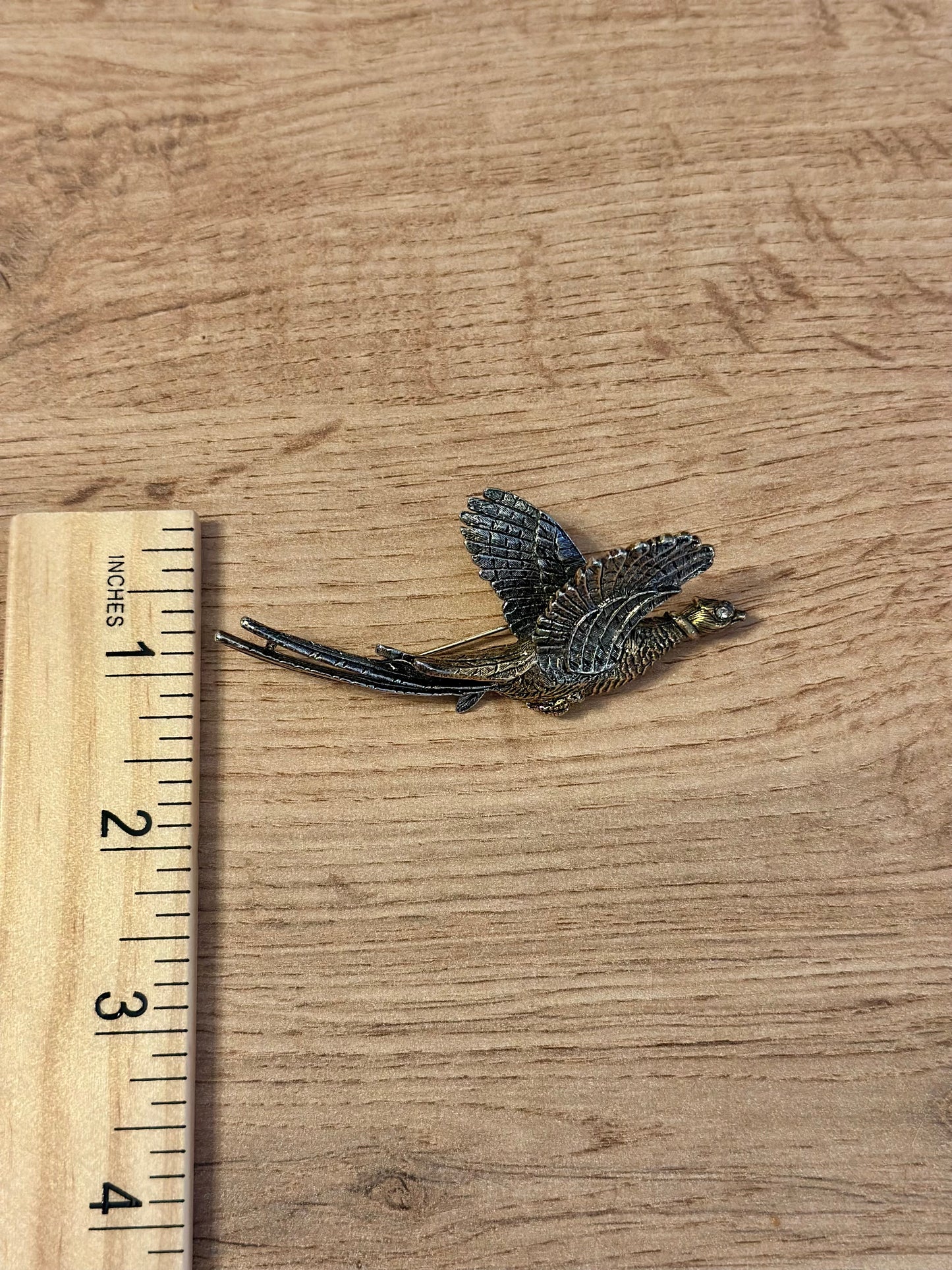 Vintage ART Pheasant Brooch Pin - Gold and Silver