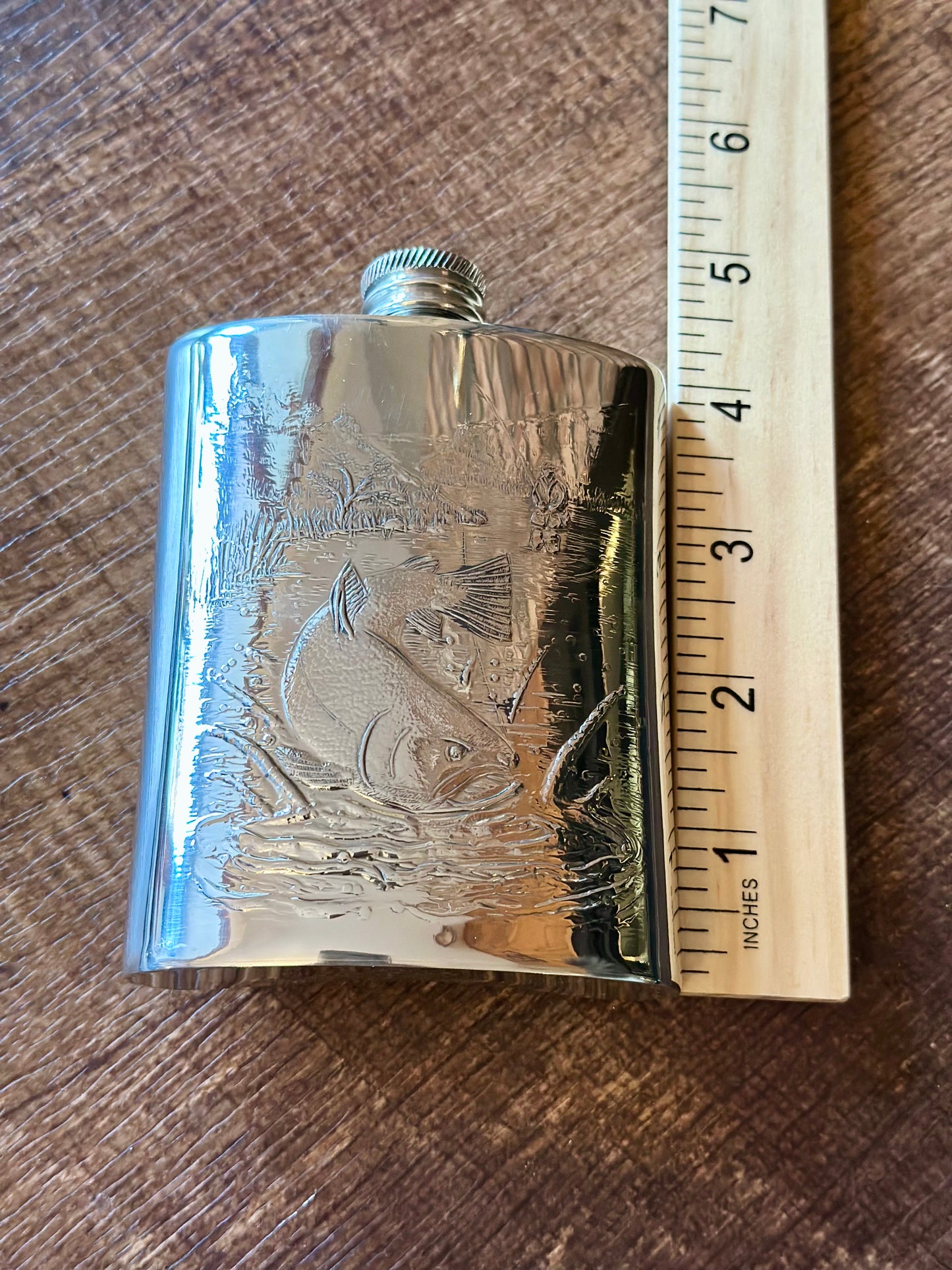 Vintage Alchemy Pewter Flask - Engraved Fly Fishing Scene