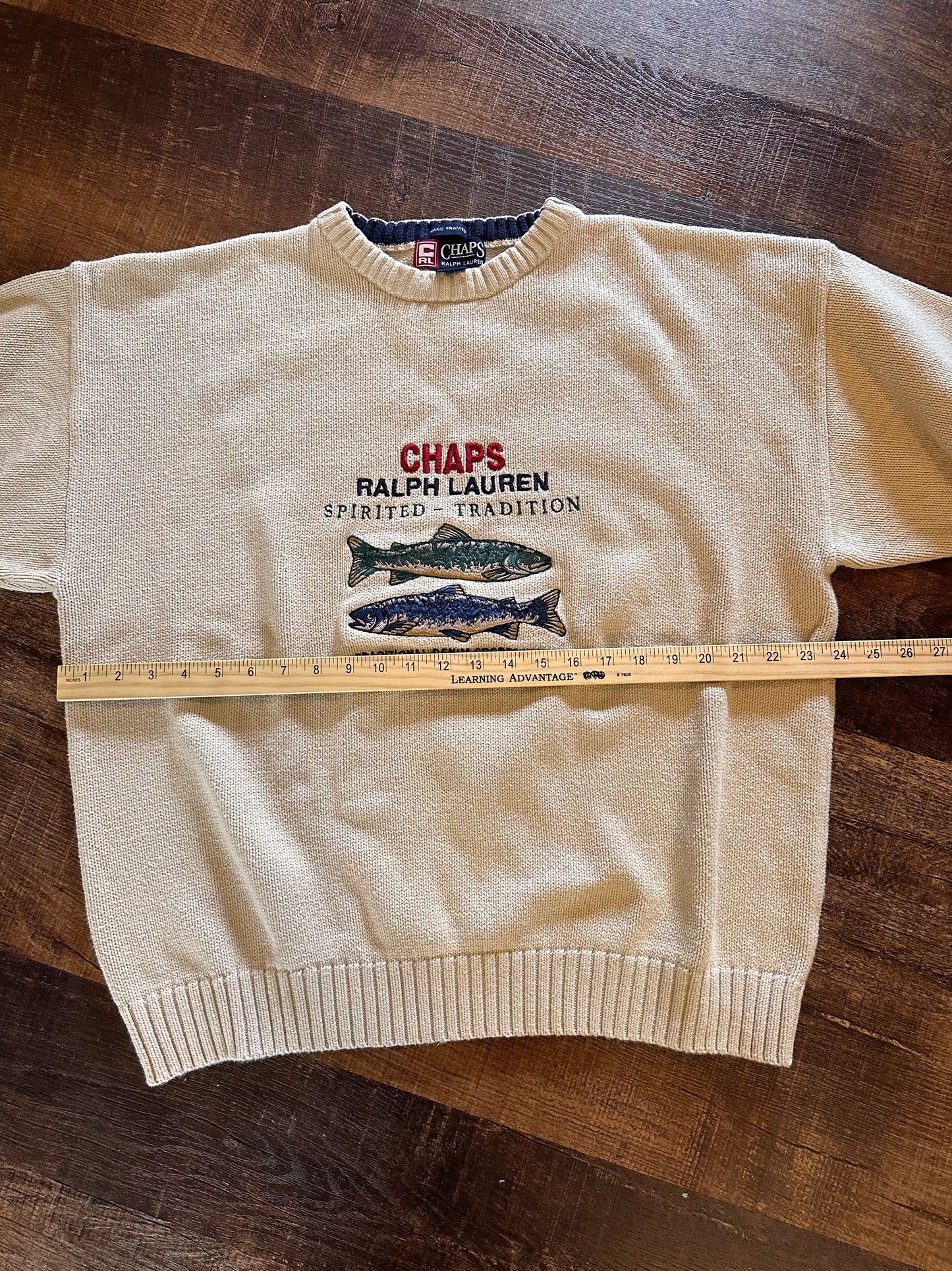 Vintage CHAPS RL Crewneck Sweater (L) Embroidered Spirited Tradition Trout - Cream