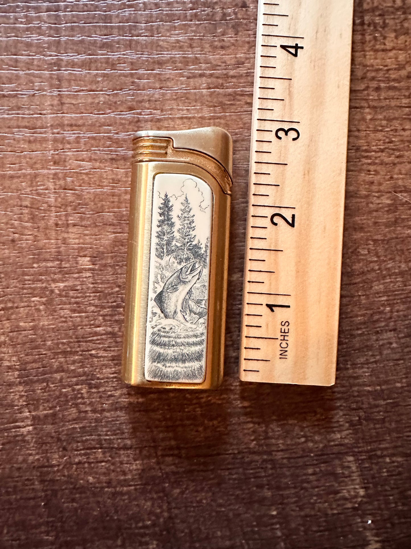 Vintage Colibri Butane Lighter - Brushed Gold with Carved Outdoor Trout Scene on Ivory Inlay