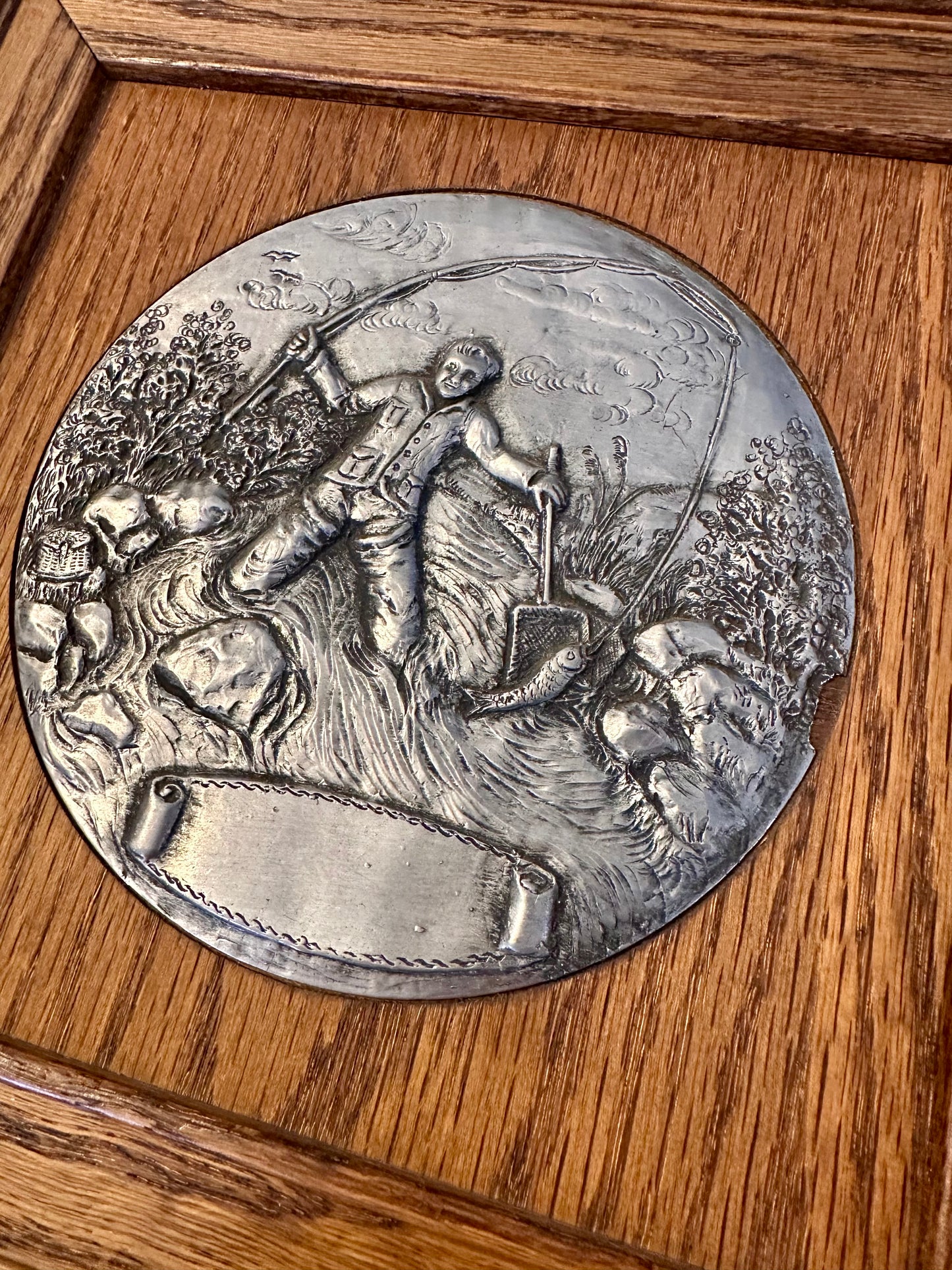 Vintage Pewter Relief Art Plate Mounted on Wood Frame - Fly Fishing Scene