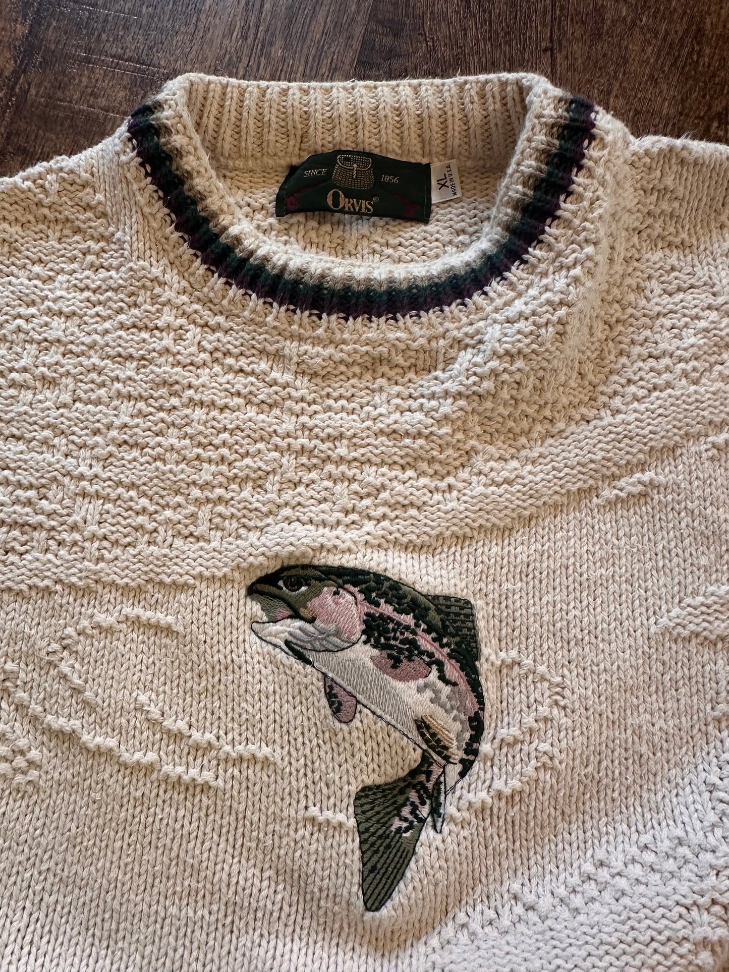 Vintage Orvis Crewneck (XL) Embroidered Rainbow Trout - White
