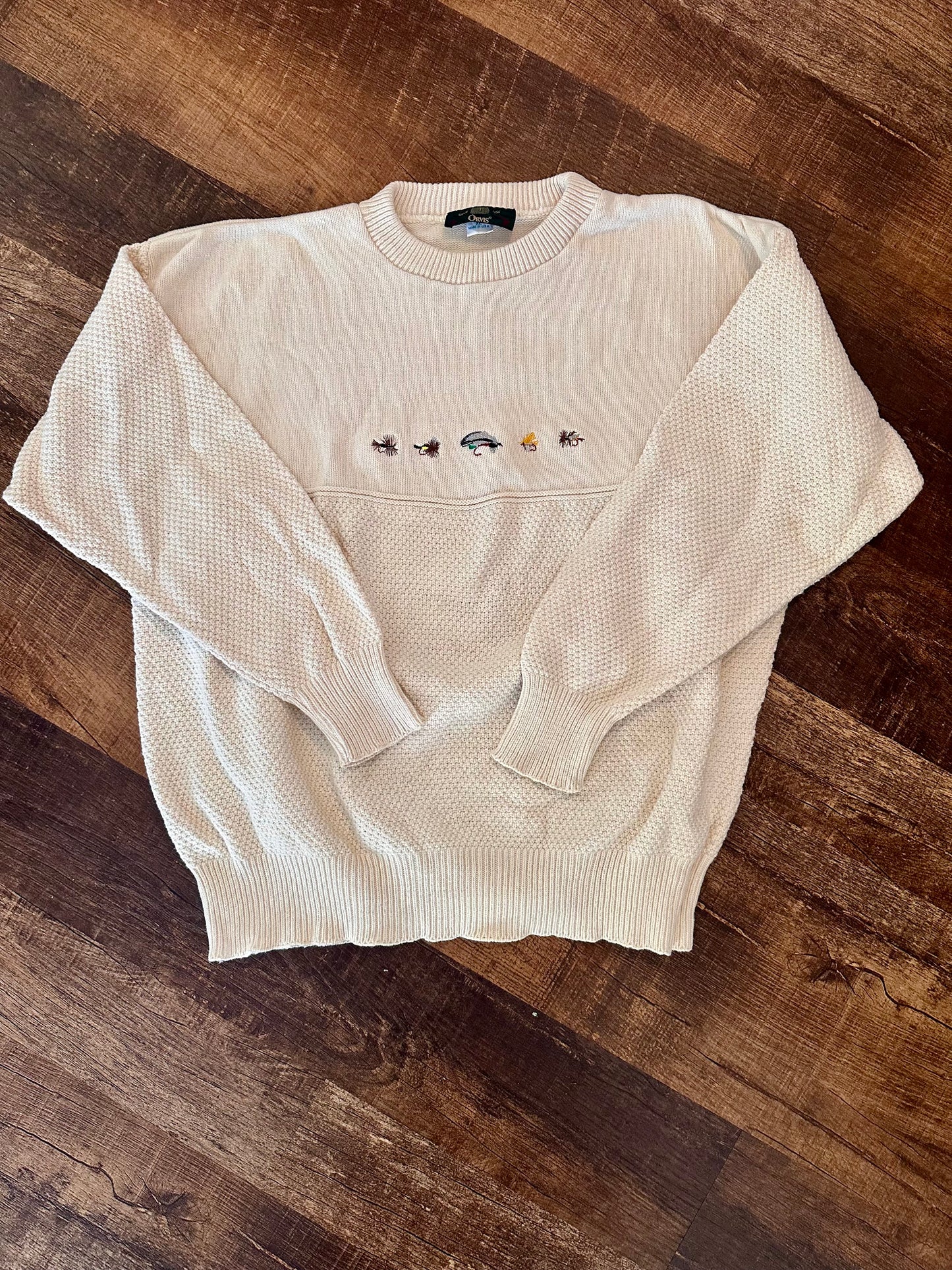 Vintage Orvis Crewneck Sweater (XL) Embroidered Flies - Cream White