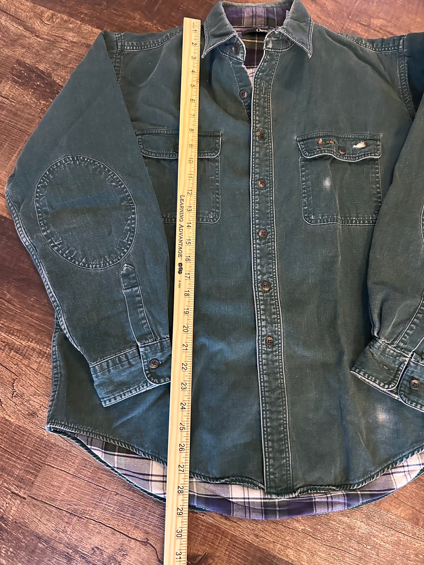 Vintage Distressed Orvis Lined Button Down (L) Embroidered Fly Pocket and Elbow Patches - Forest Green
