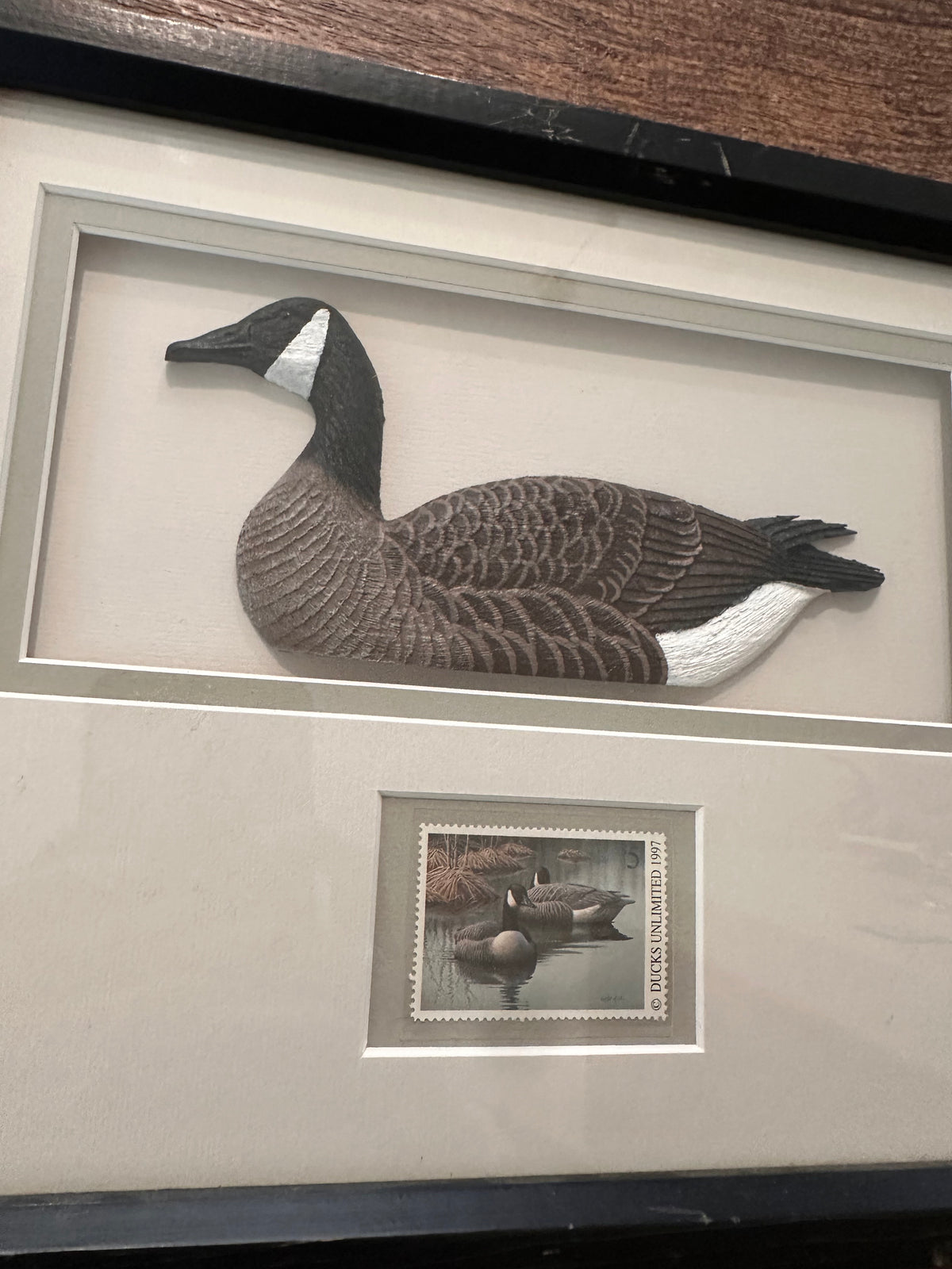 Vintage 1997 Ducks Unlimited Framed 3D Goose and $5 Stamp