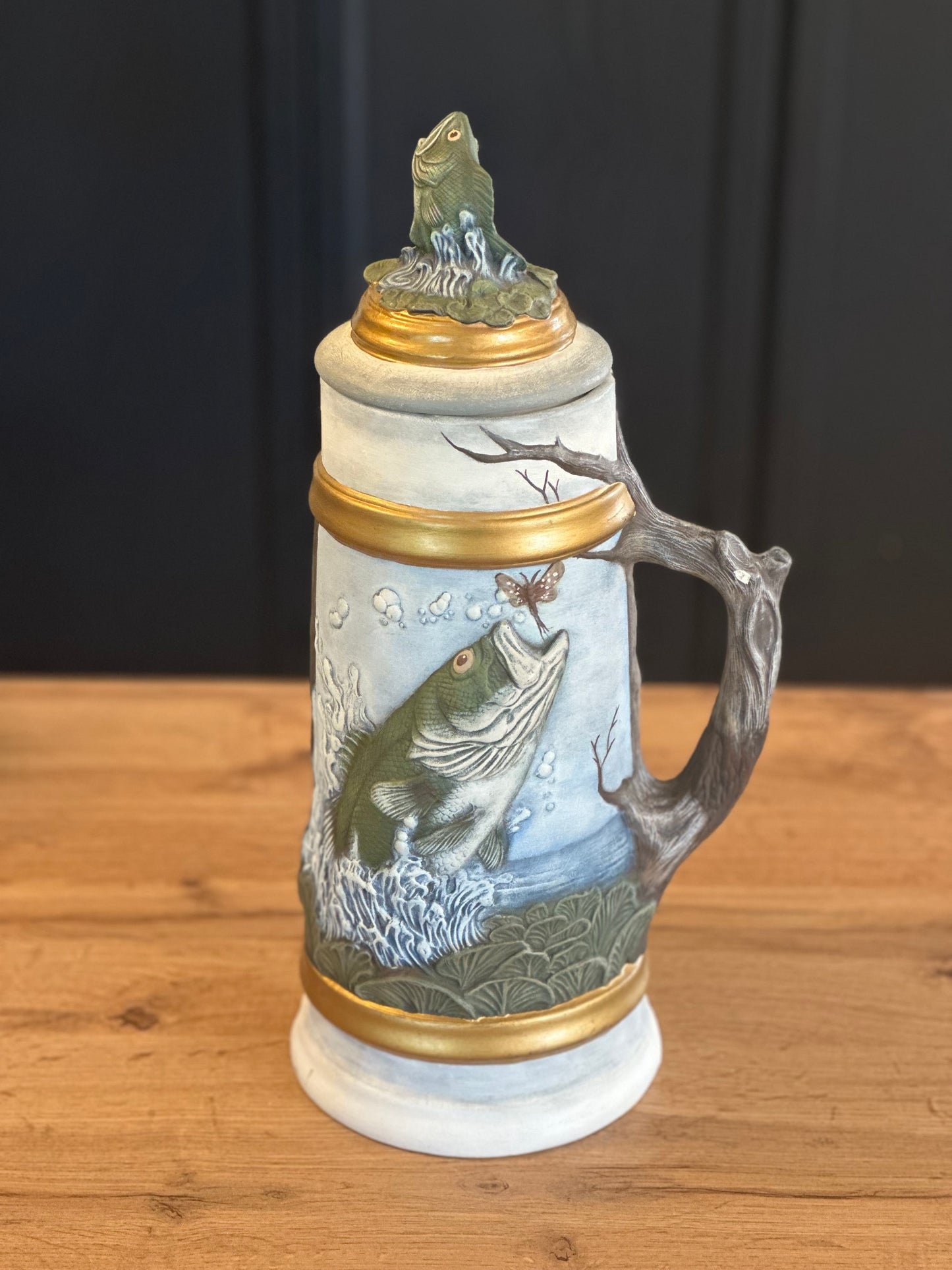 Vintage Large 3D Stein - Bass Fishing Scene with Removable Lid
