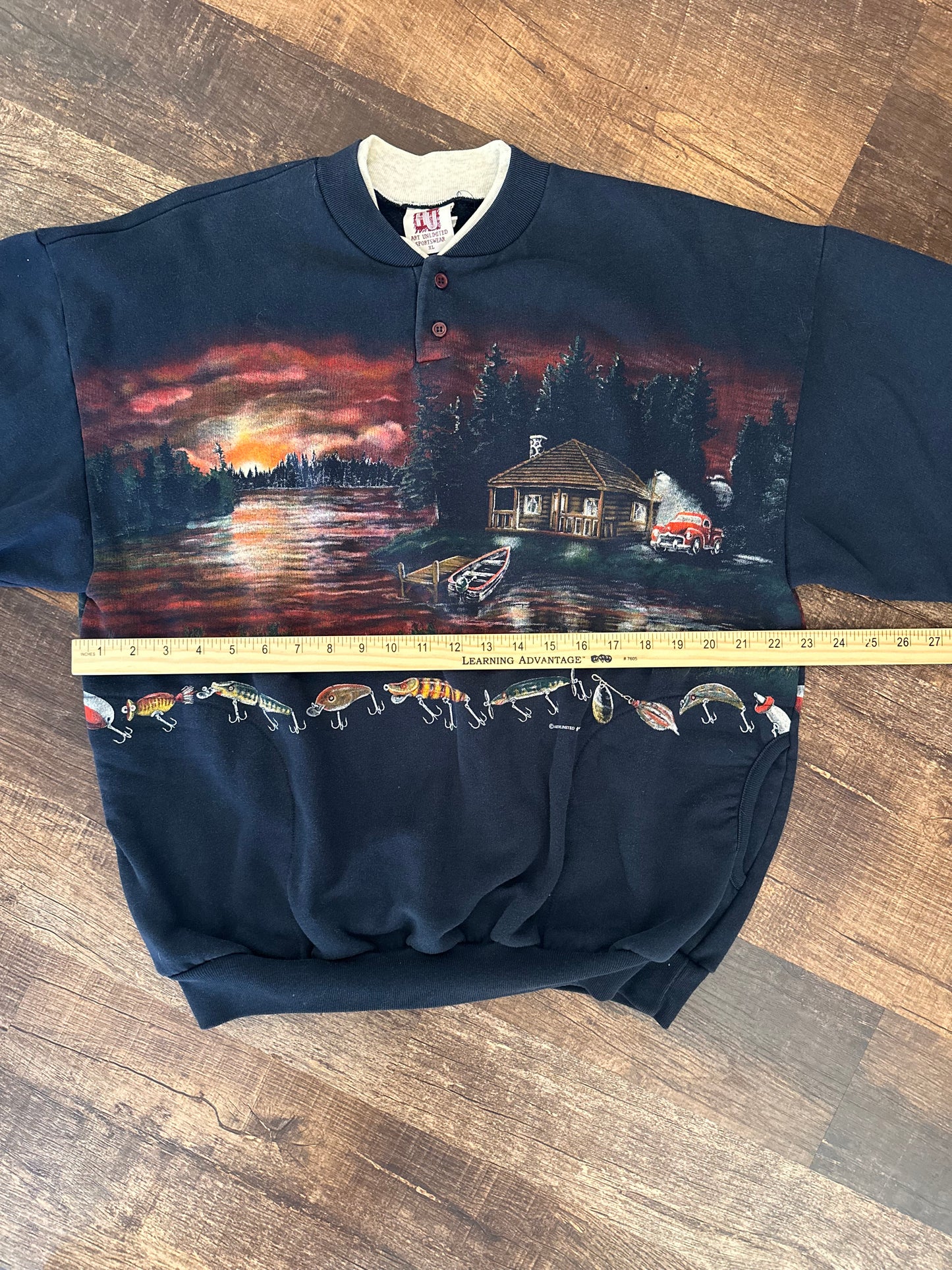 Vintage AU Art Unlimited Henley Crewneck (XL) Fishing Lures Cabin Boat Scene - Black