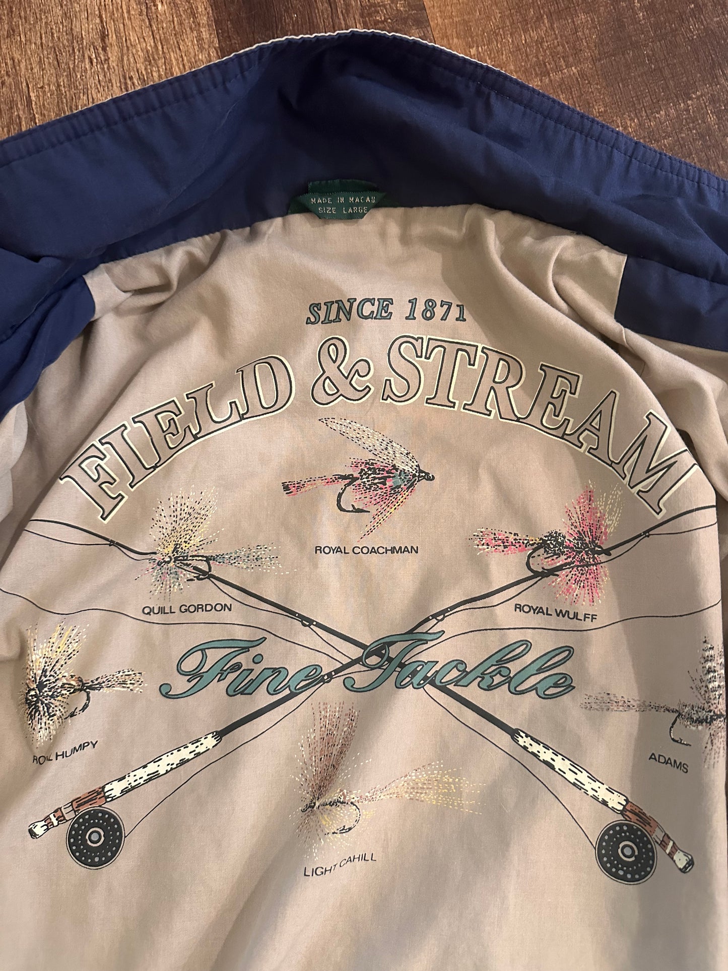 Vintage Field & Stream Windbreaker (L) Fine Tackle Graphic Inside - Gray