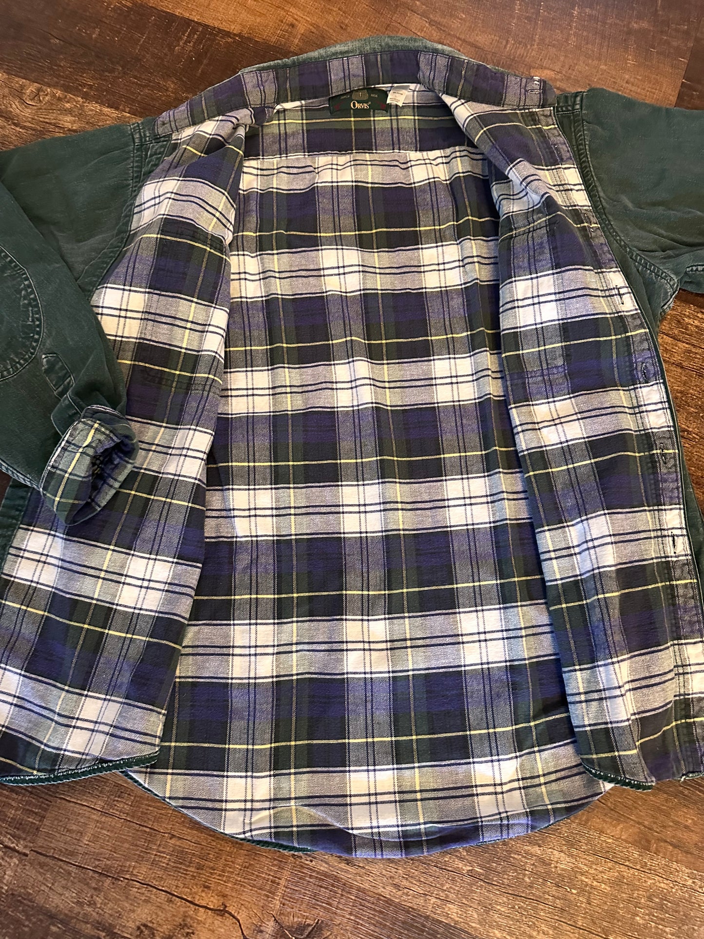 Vintage Distressed Orvis Lined Button Down (L) Embroidered Fly Pocket and Elbow Patches - Forest Green