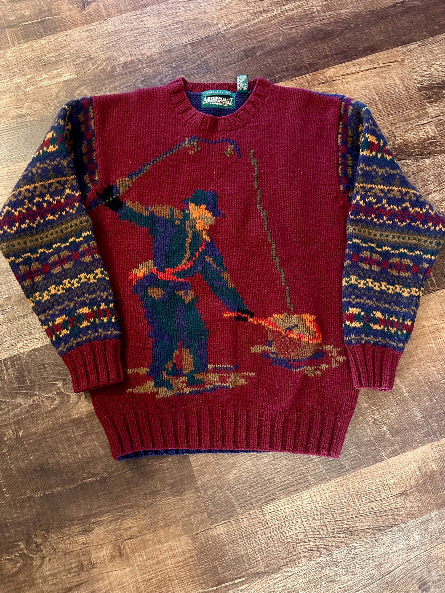 Vintage American Eagle Outfitters Wool Knit Sweater (M) Fly Fisherman - Maroon