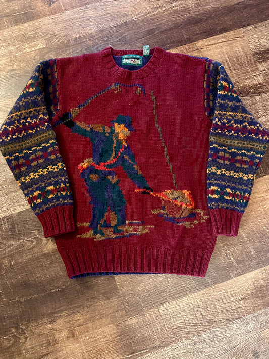 Vintage American Eagle Outfitters Wool Knit Sweater (M) Fly Fisherman - Maroon