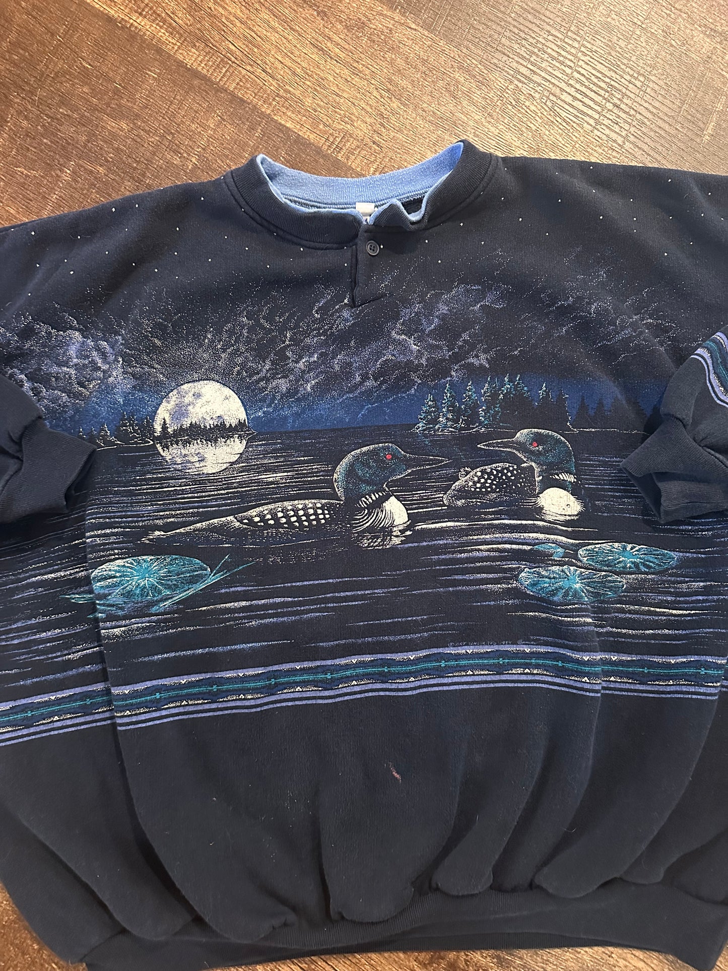 Vintage Art Unlimited Henley Crewneck (XXL) Loons at Night