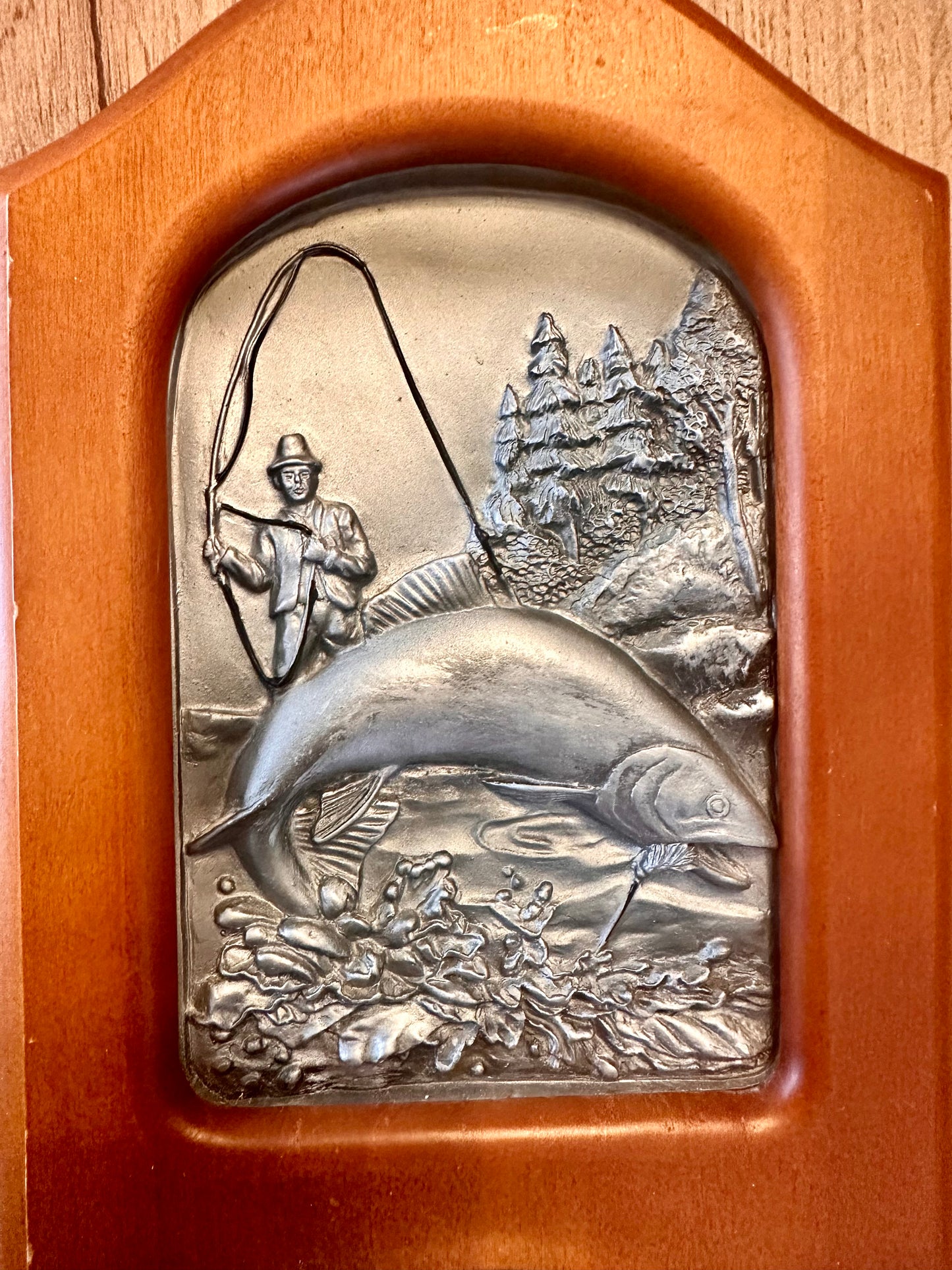 Vintage Thermometer and Hygrometer Weatherstation Featuring Fisherman and Trout in Mountains Scene