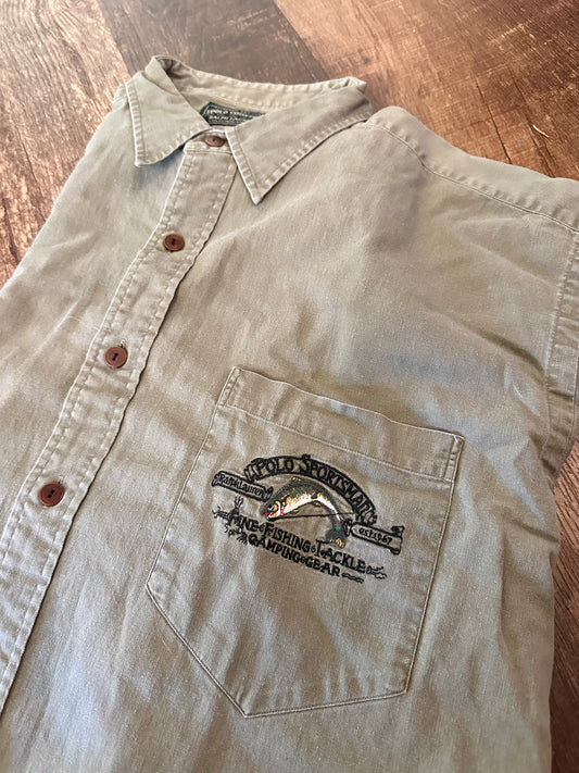 Vintage Ralph Lauren Polo Country Button Down (XL) Embroidered Trout Pocket - Green Gray