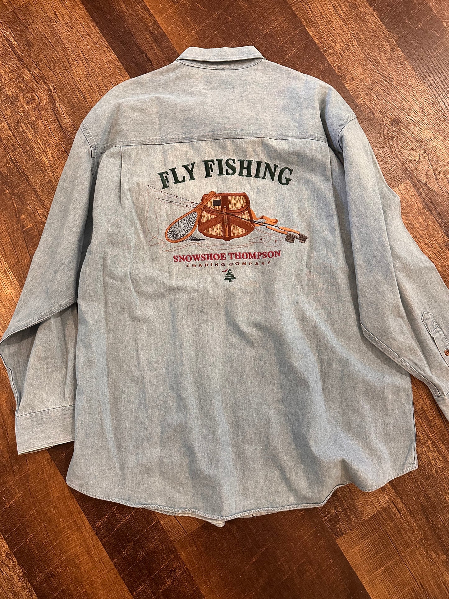 Vintage Snowshoe Thompson Button Down (L) Embroidered Fly Fishing on Back