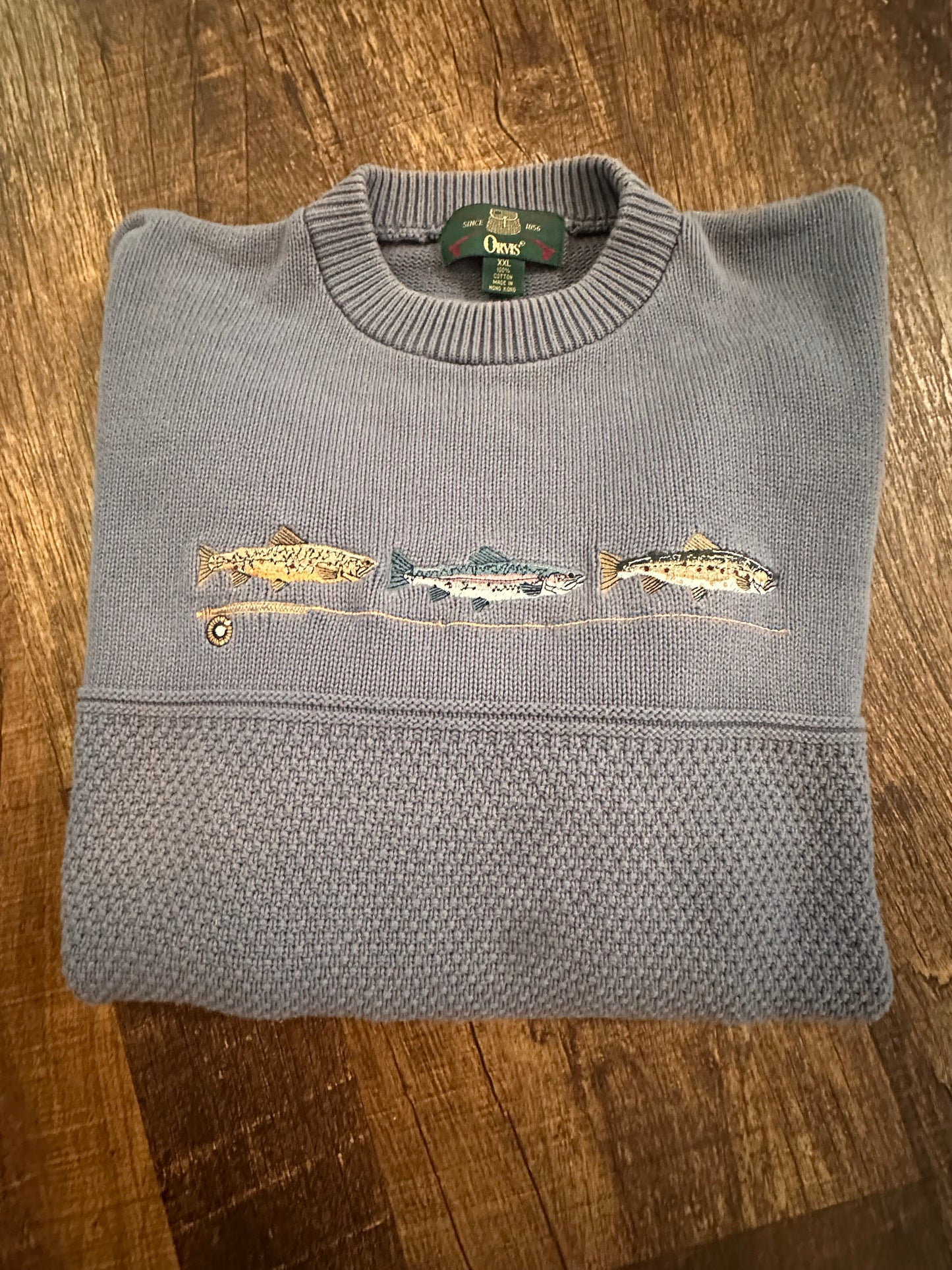 Vintage Orvis Sweater (XXL) Embroidered Three Trout & Rod- Periwinkle
