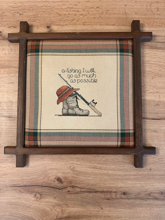 Vintage Cross Stitch Plaid Padded Cross Frame “A Fishing I Will Go”