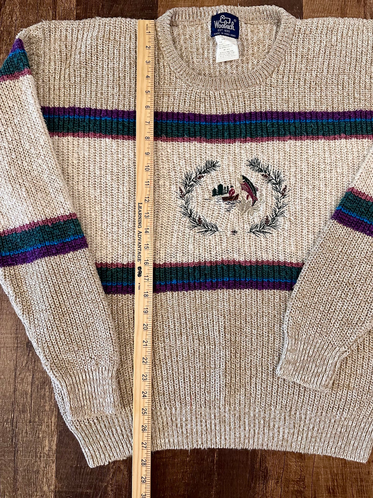 Vintage Woolrich Sweater (XL) Embroidered Drift Boat Trout Scene