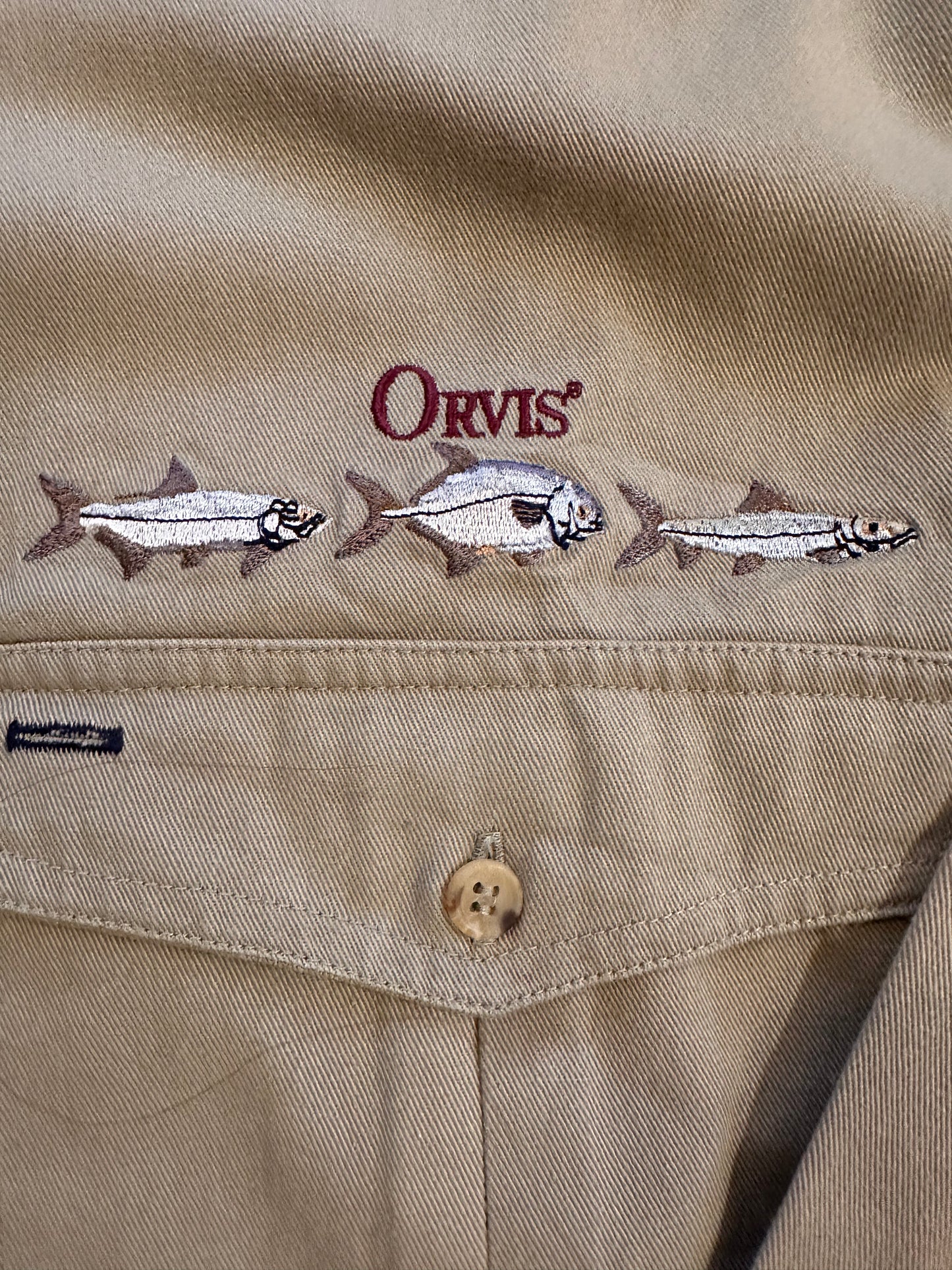 Vintage Orvis Button Down (XXL) Embroidered Fish Logo - Khaki