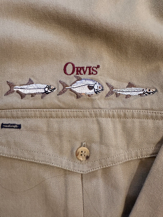 Vintage Orvis Button Down (XXL) Embroidered Fish Logo - Khaki