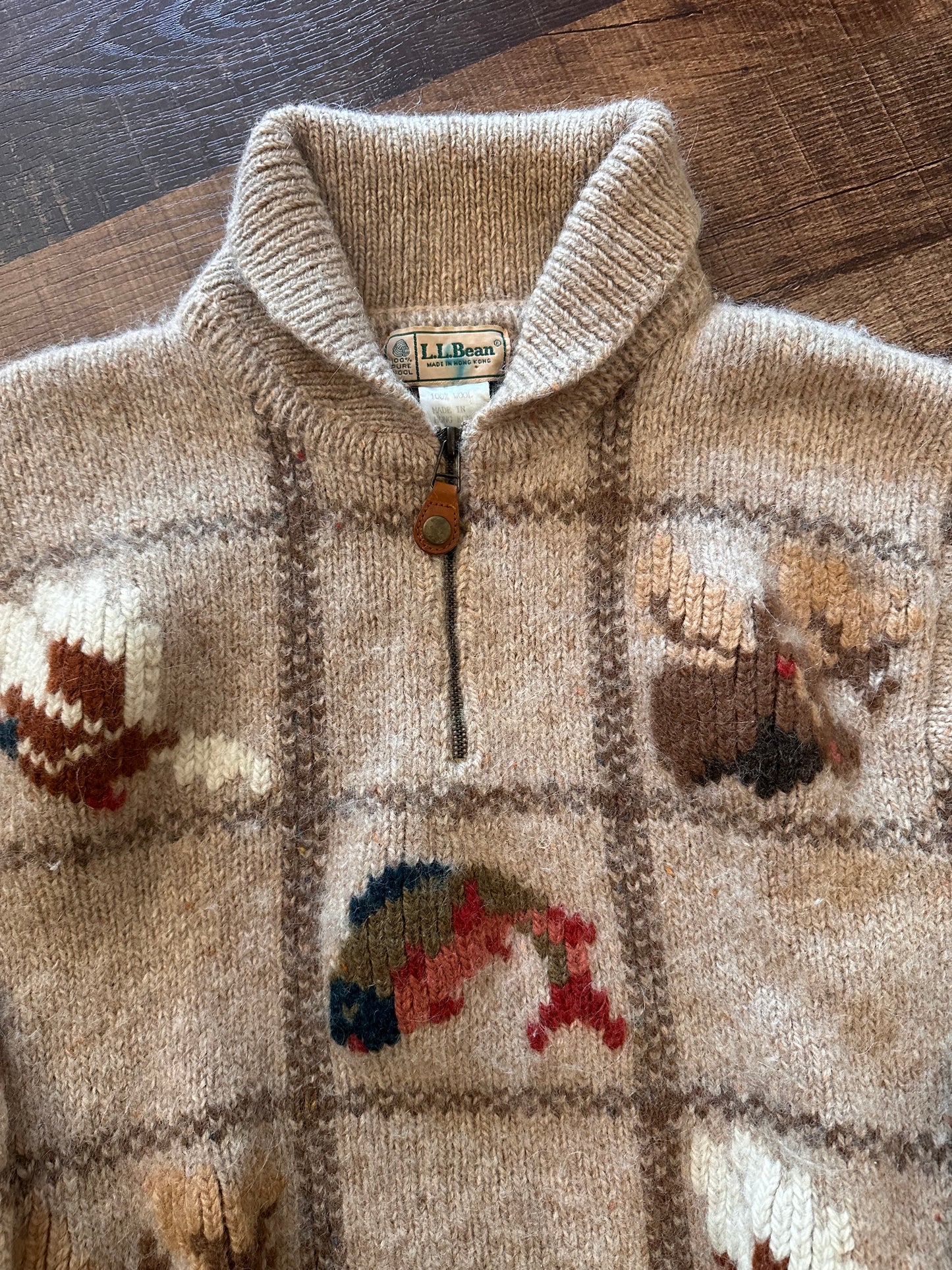 Vintage Highly Sought L.L. Bean Knit Sweater (S) Trout Moose Pheasant Motif - Beige