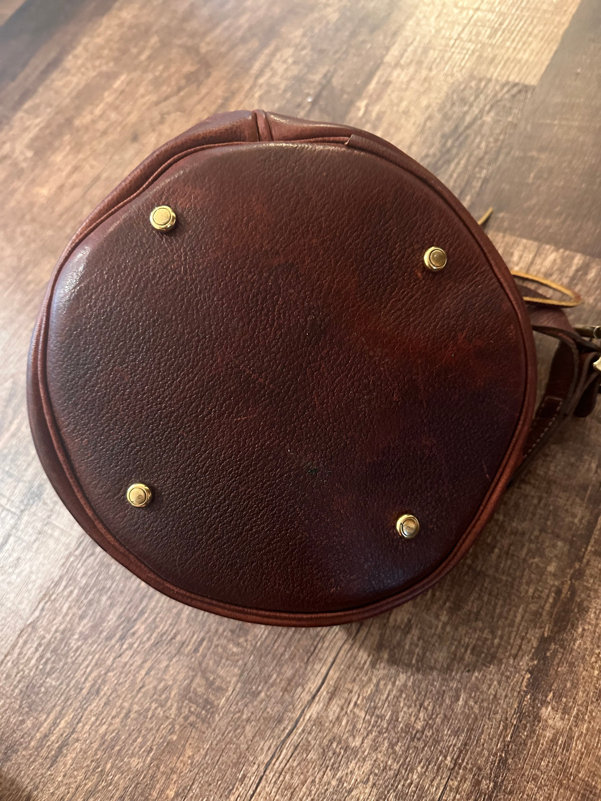 Vintage Brown Leather Bucket Bag with Gold Buckles & Accents