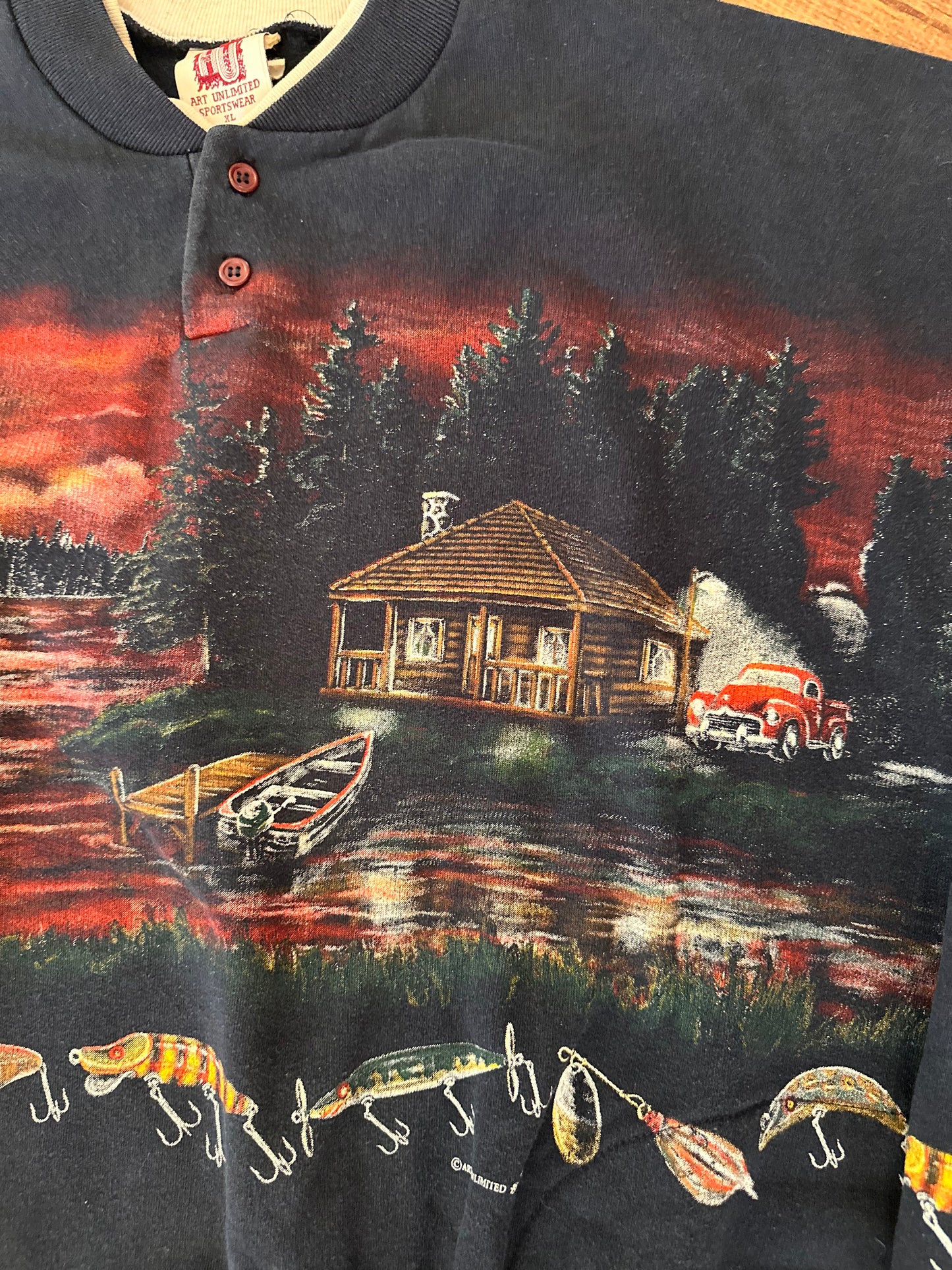 Vintage AU Art Unlimited Henley Crewneck (XL) Fishing Lures Cabin Boat Scene - Black