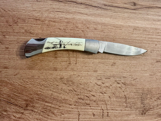 Vintage SABRE Pocket Knife - Folding Fly Fishing Lockback (Stainless Scrimshaw)