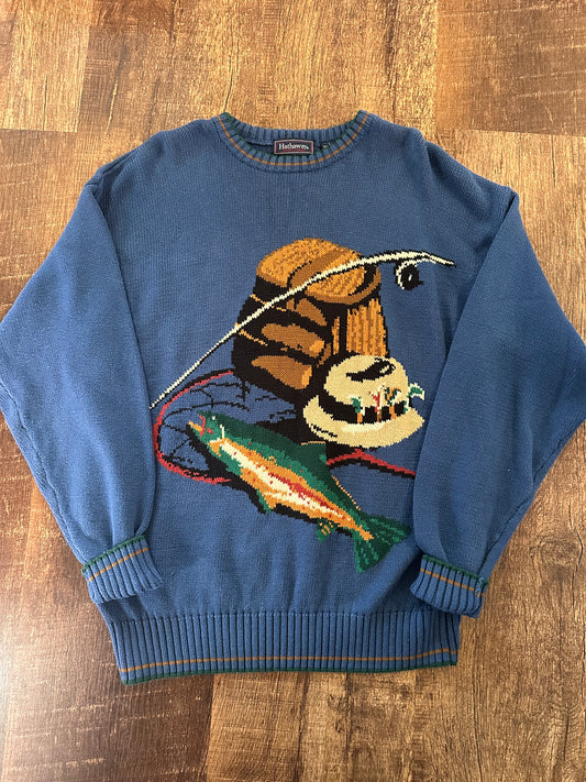 VTG Hathaway Intarsia Sweater (XL) Fly Fishing Scene