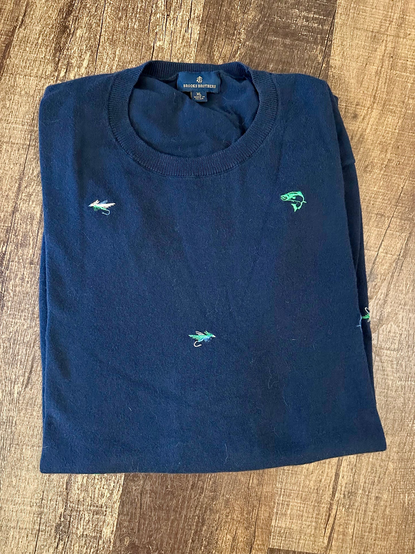 Brooks Brothers Sweater (XL) Embroidered Fly Fishing Navy Blue