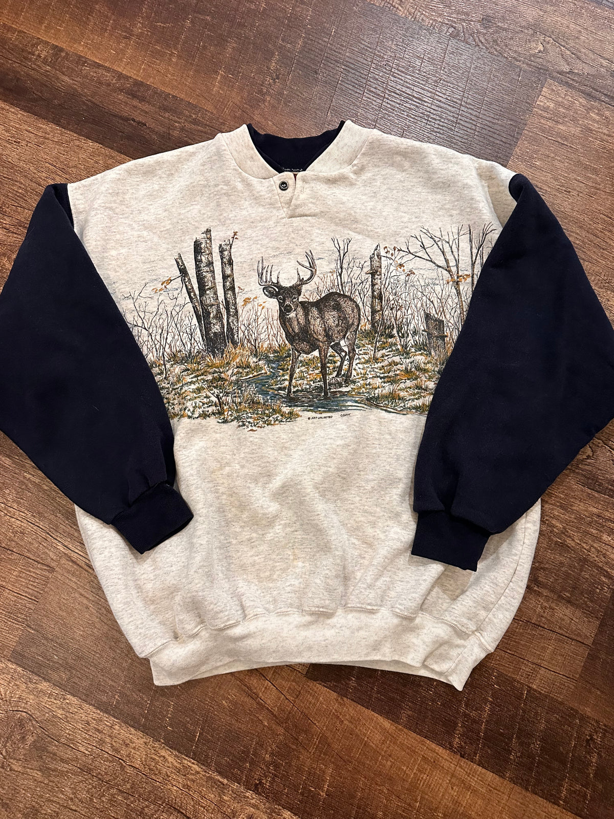 Vintage Art Unlimited Henley Sweatshirt (XL) Buck in the woods