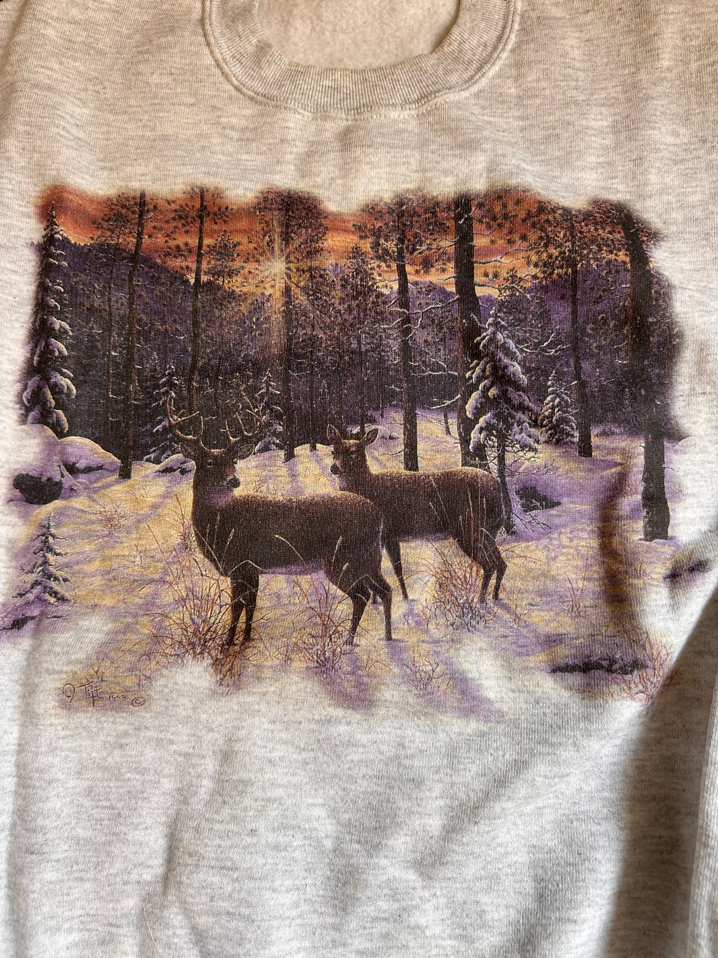 Vintage Jerzees Sweatshirt (XL) Deer and Sunrise in Nature Art Print