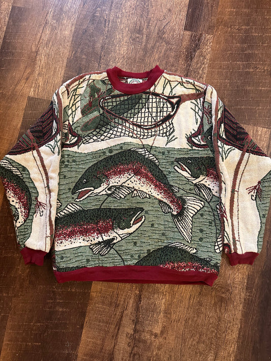 Vintage Sugar Street Fly Fishing Trout Tapestry Sweater (OS)