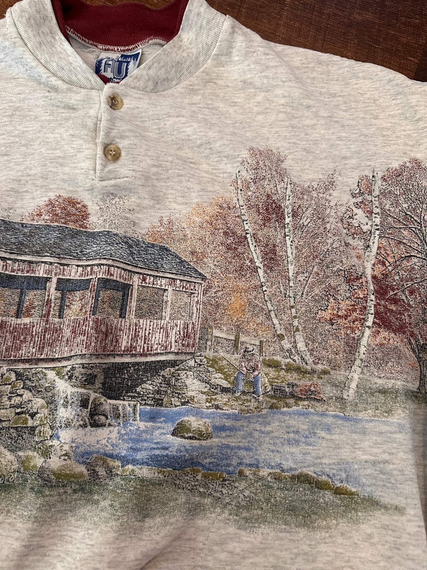 Vintage AU Art Unlimited Henley Crewneck (L) Bridge Fisherman Scene