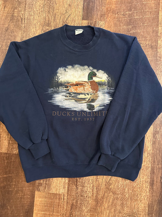 Vintage Ducks Unlimited Sweatshirt (L) Embroidered Mallard - Navy