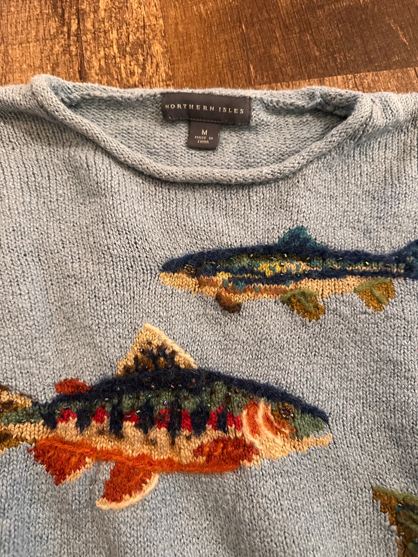 Rare Vintage Northern Isles Knit Beaded Trout Sweater (M) Blue
