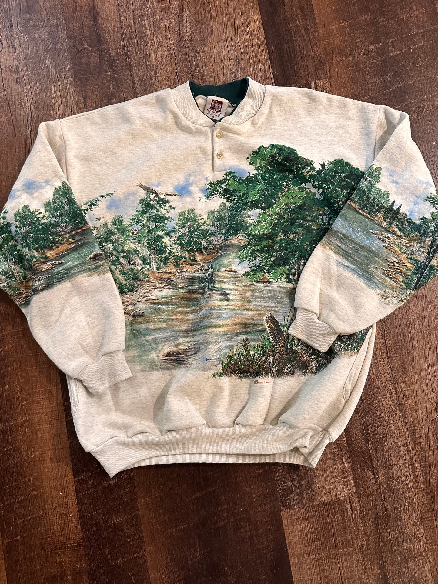 Vintage Art Unlimited Henley Crewneck (XL) Fly Fishing Scene