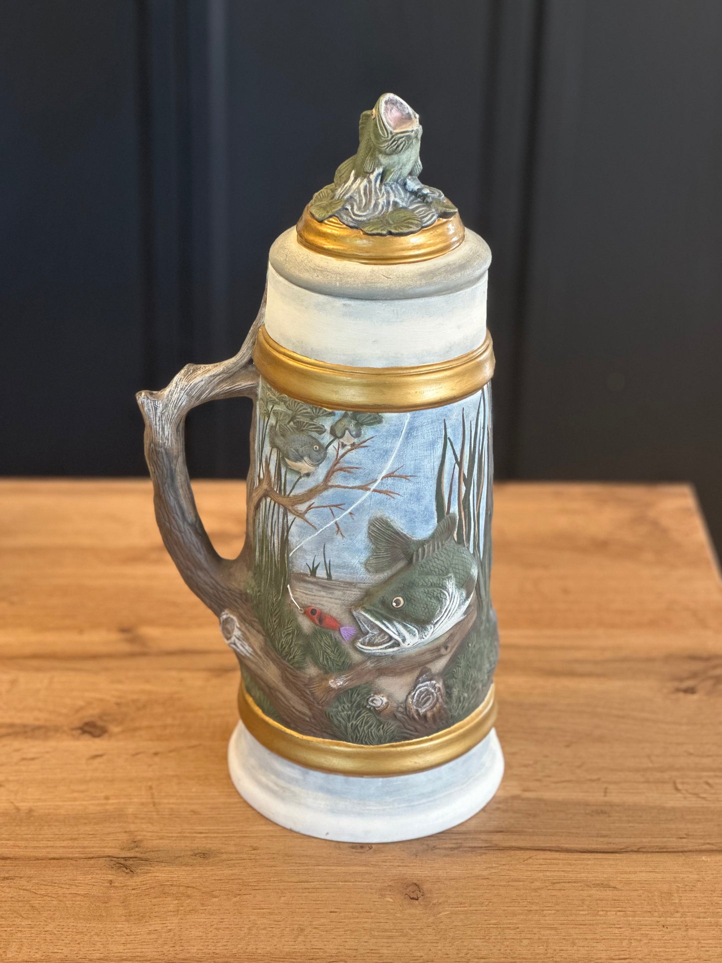 Vintage Large 3D Stein - Bass Fishing Scene with Removable Lid