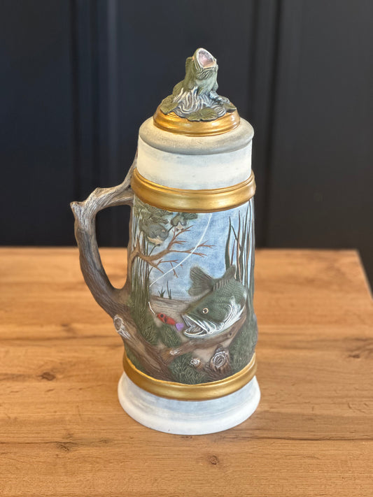 Vintage Large 3D Stein - Bass Fishing Scene with Removable Lid