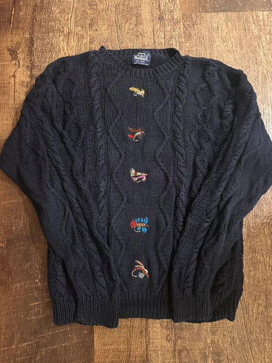 Vintage Woolrich Sweater (M) Embroidered Fly Lures - Navy