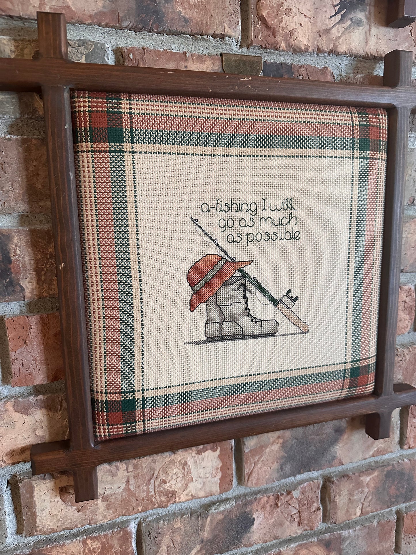 Vintage Cross Stitch Plaid Padded Cross Frame “A Fishing I Will Go”