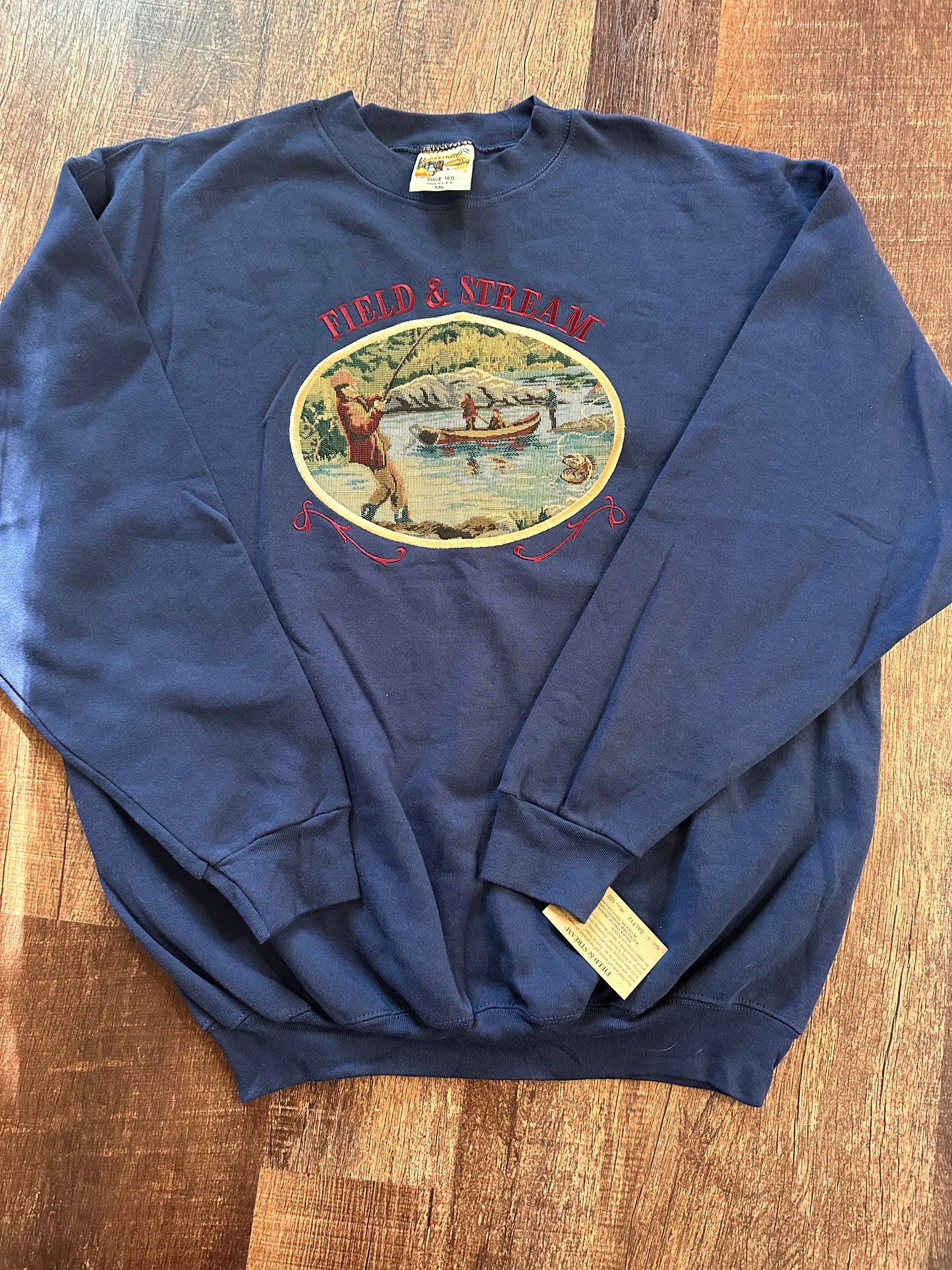 Rare Vintage Field & Stream Crewneck (XXL) Fishing Drift Boat Tapestry Scene - Navy