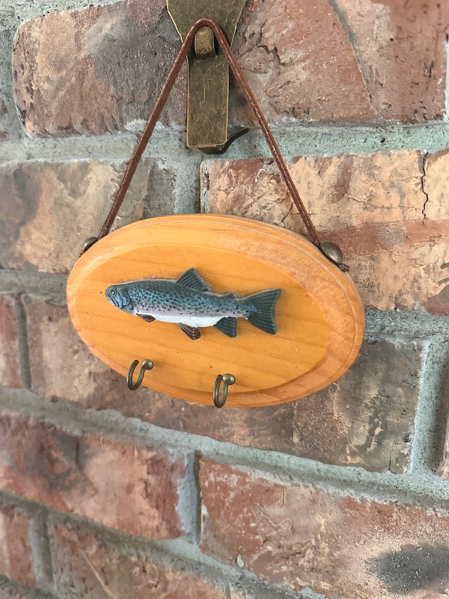 Vintage Rustic Handmade Plaque Wall Hang Trout with Key Hooks ‘98