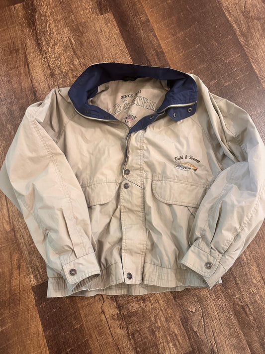 Vintage Field & Stream Windbreaker (M) Fine Tackle Graphic Inside - Gray