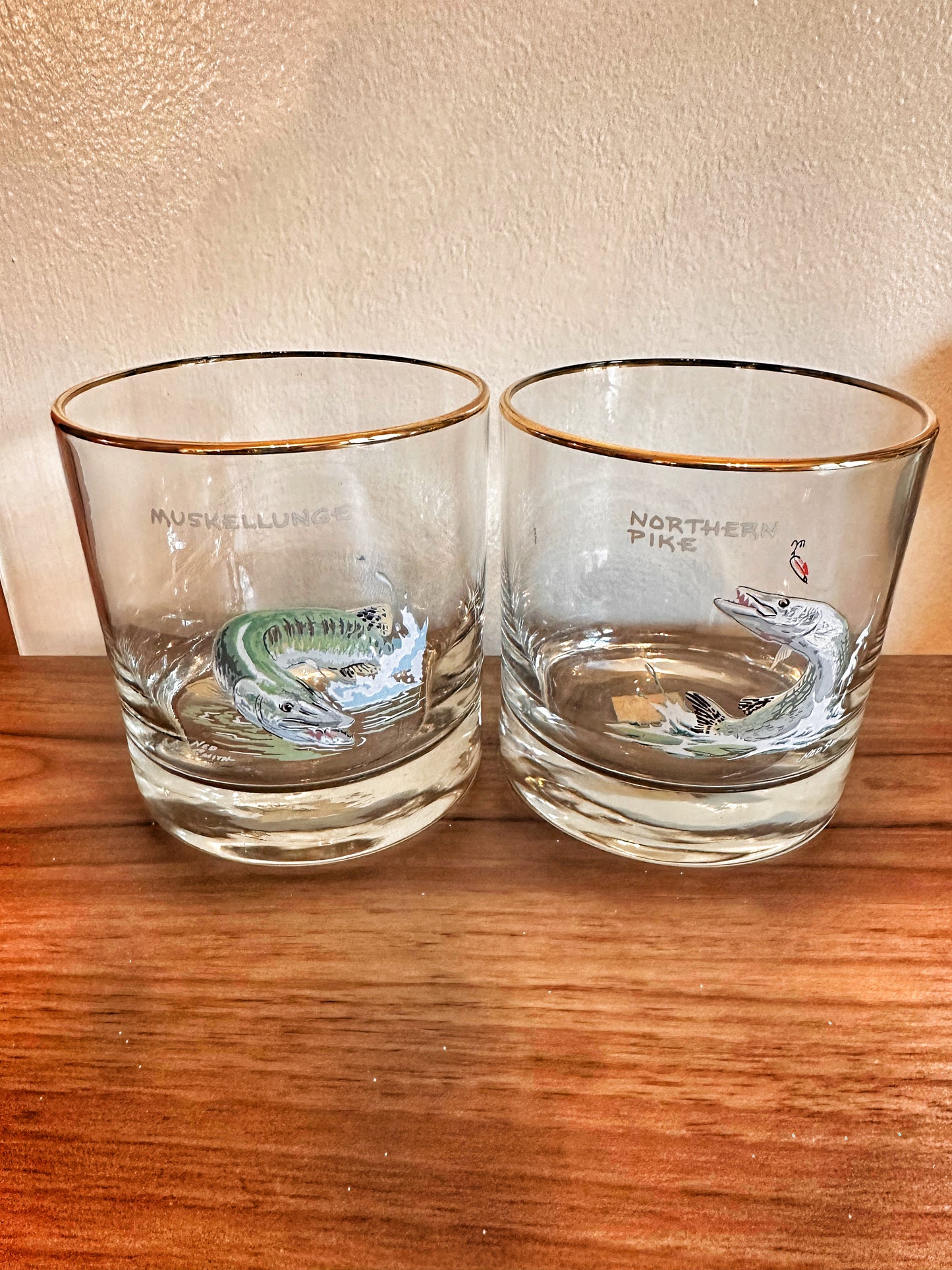 Vintage 1970s MINT Ned Smith Whiskey Glasses - Muskie and Pike Lowballers (Set of 2)