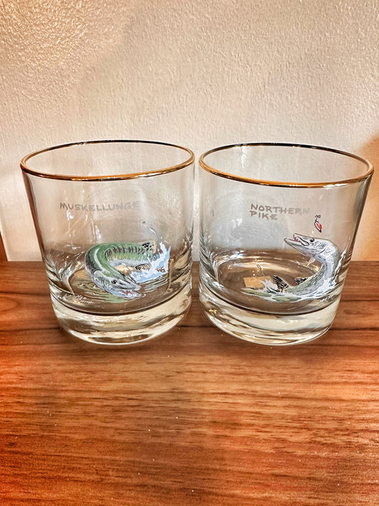 Vintage 1970s MINT Ned Smith Whiskey Glasses - Muskie and Pike Lowballers (Set of 2)