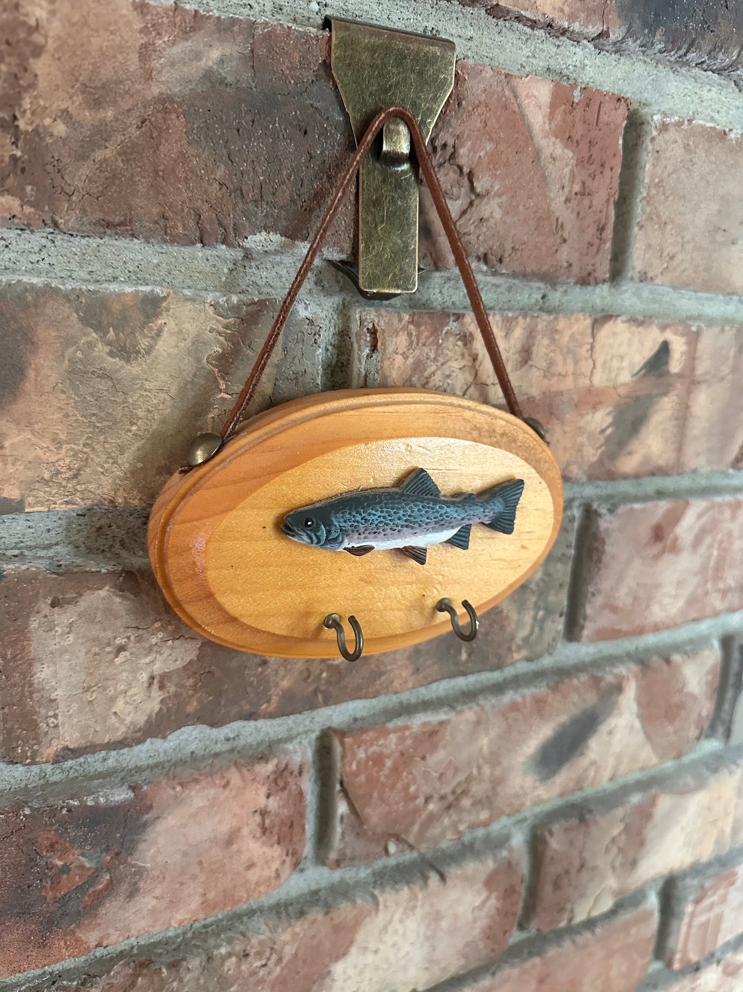 Vintage Rustic Handmade Plaque Wall Hang Trout with Key Hooks ‘98