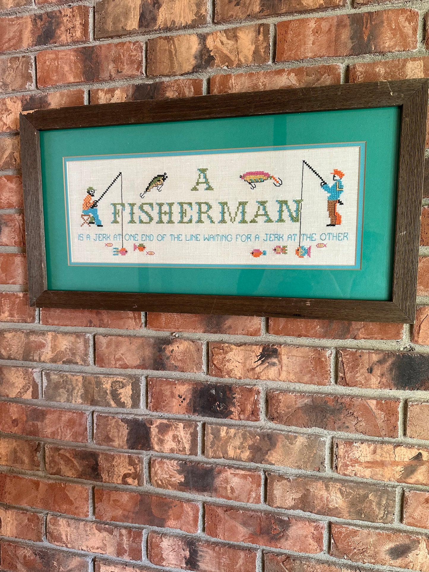 Vintage Framed Fisherman Cross Stitch Large 24”x13”